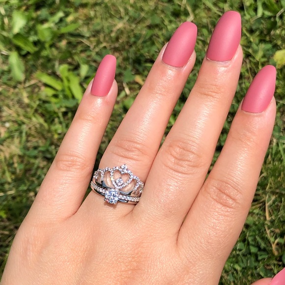 925 Sterling Silver Crown CZ Engagement Ring Set - Picture 3 of 14